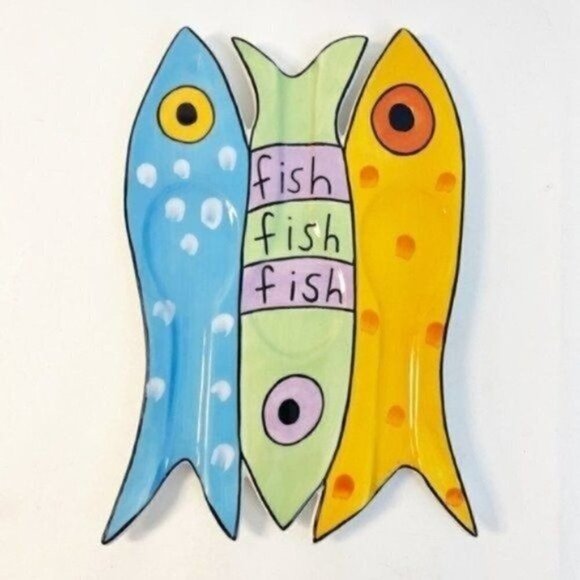 Sandra Magsamen For Silvestri Fish Fish Fish Ceramic Spoon Rest 9” X 6” - Picture 1 of 8